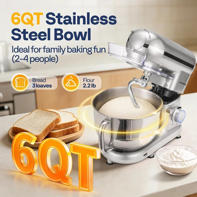 Alt view image 3 of 7 - 3-in-1 Stand Mixer, 6-Quart Tilt-Head Mixer, 10 Speeds, Silver