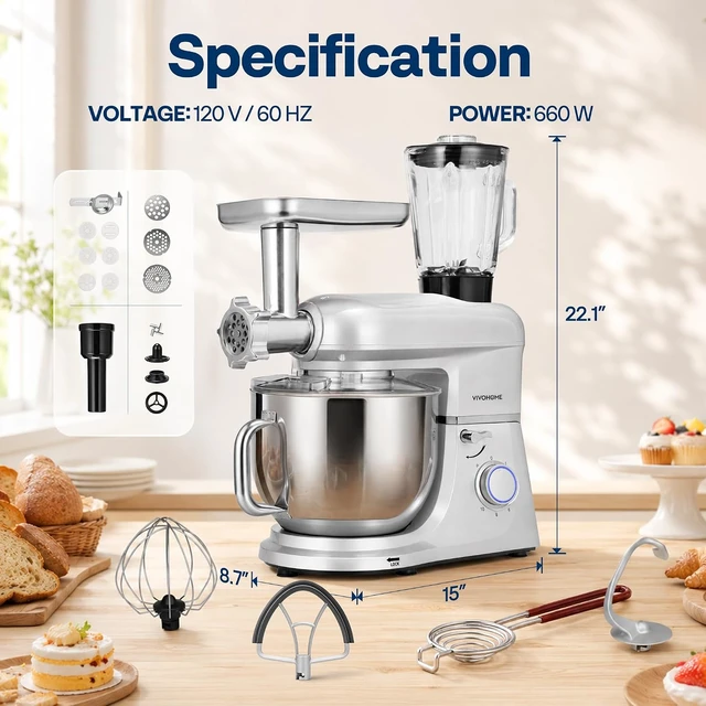 Alt view image 7 of 7 - 6-in-1 Stand Mixer, 8.5-Quart Tilt-Head Mixer, 10 Speeds, Silver