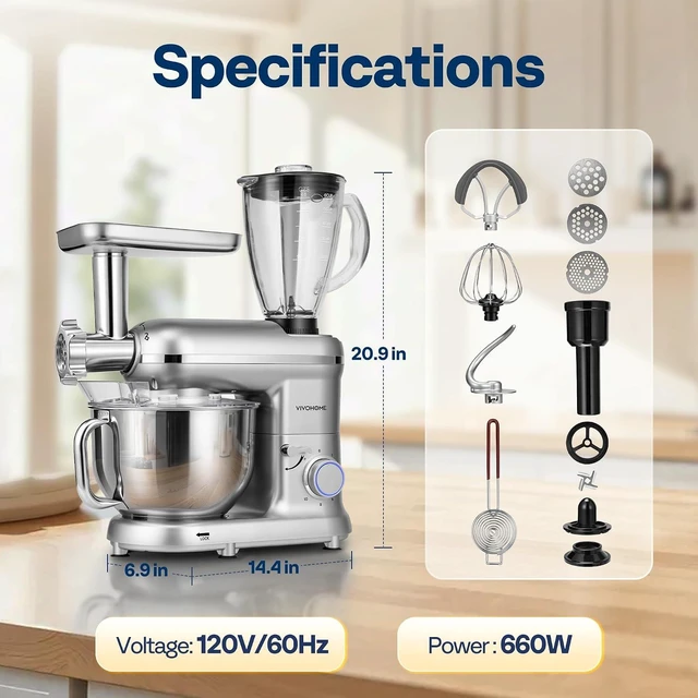 Alt view image 7 of 7 - 3-in-1 Stand Mixer, 6-Quart Tilt-Head Mixer, 10 Speeds, Silver