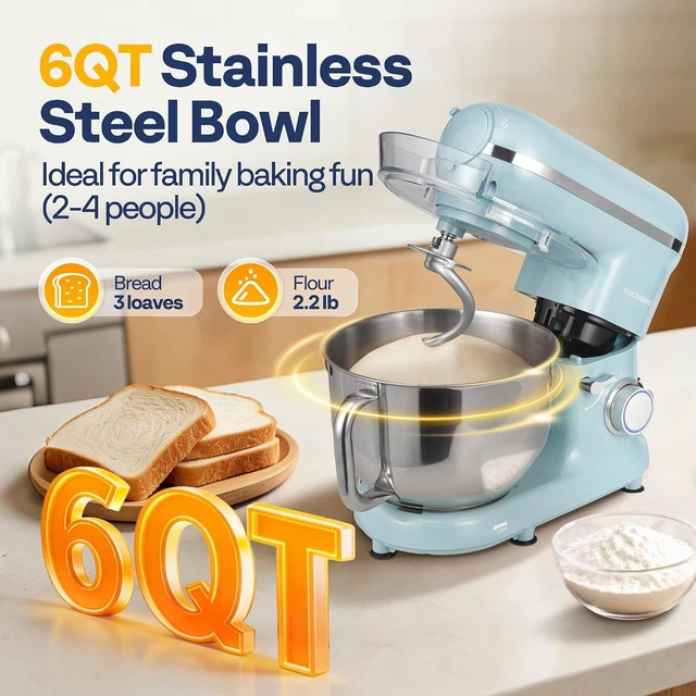 Alt view image 3 of 7 - 3-in-1 Stand Mixer, 6-Quart Tilt-Head Mixer, 10 Speeds, Blue