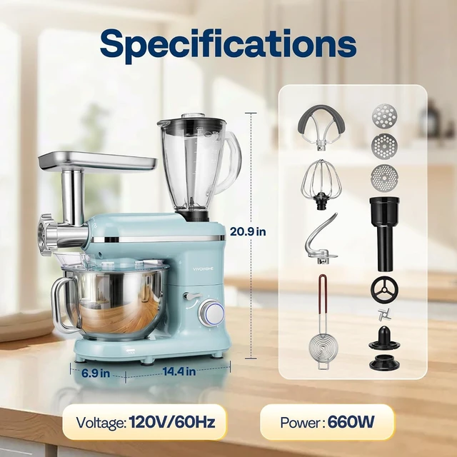 Alt view image 7 of 7 - 3-in-1 Stand Mixer, 6-Quart Tilt-Head Mixer, 10 Speeds, Blue