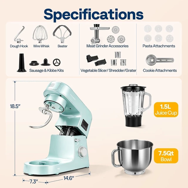 Alt view image 7 of 7 - 9-in-1 Stand Mixer with Fermentation & Timer, 7.5-Quart, Blue