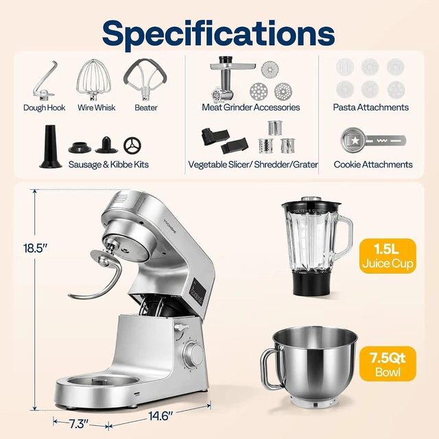 Alt view image 7 of 7 - 9-in-1 Stand Mixer with Fermentation & Timer, 7.5-Quart, Silver