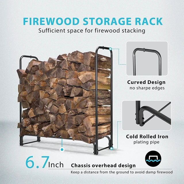 Alt view image 3 of 7 - 5 ft Heavy Duty Firewood Rack Outdoor with Cover, Black
