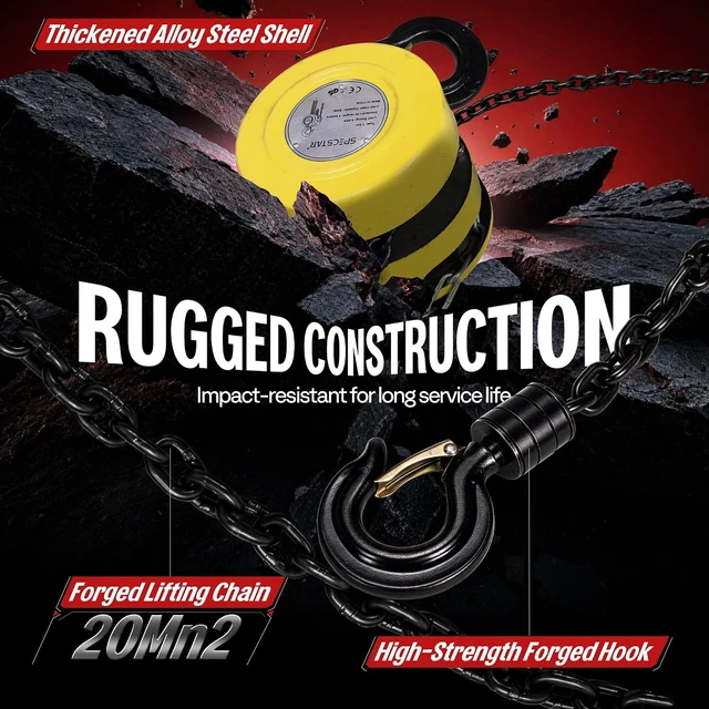 Alt view image 5 of 7 - Hand Chain Hoist 1 Ton 2200 Lbs Capacity 10 Feet with 2 Hooks