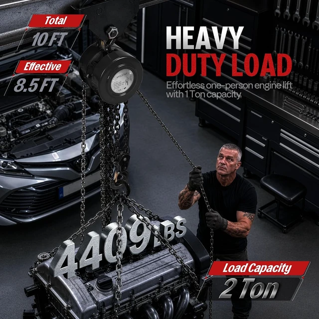 Alt view image 2 of 7 - Hand Chain Hoist 2 Ton 4400 Lbs Capacity 10 Feet with 2 Hooks