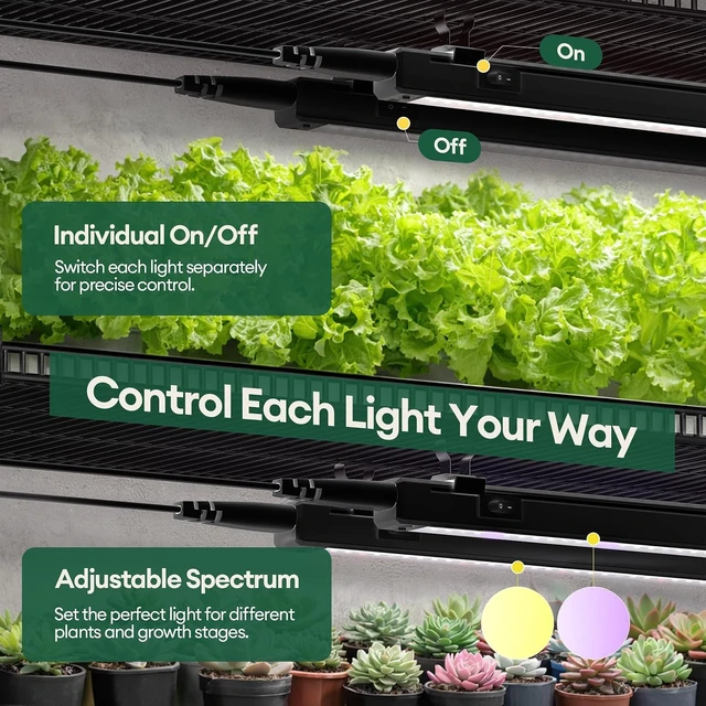 Alt view image 5 of 7 - Grow Lights for Indoor Plants, Tunable Spectrum 1FT LED Growing Lamp 56W (8 x 7W), T5 Grow Light Strip for Seed Starting, Vegetables, Linkable, Black, 8-Pack