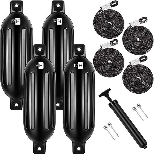 Main image of Vinyl Ribbed Boat Fenders 4 Pack, Boat Bumpers with Ropes, Needles, and Pump to Inflate Fit for Yachts, Sailing Dinghies, Bass Boats, Black