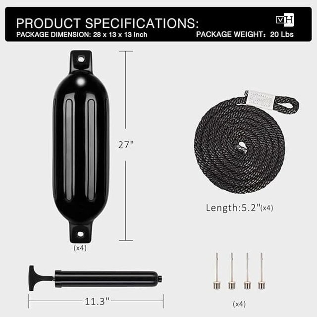 Alt view image 6 of 6 - Vinyl Ribbed Boat Fenders 4 Pack, Boat Bumpers with Ropes, Needles, and Pump to Inflate Fit for Yachts, Sailing Dinghies, Bass Boats, Black