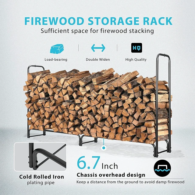 Alt view image 2 of 7 - 6 ft Heavy Duty Firewood Rack Outdoor with Cover, Black