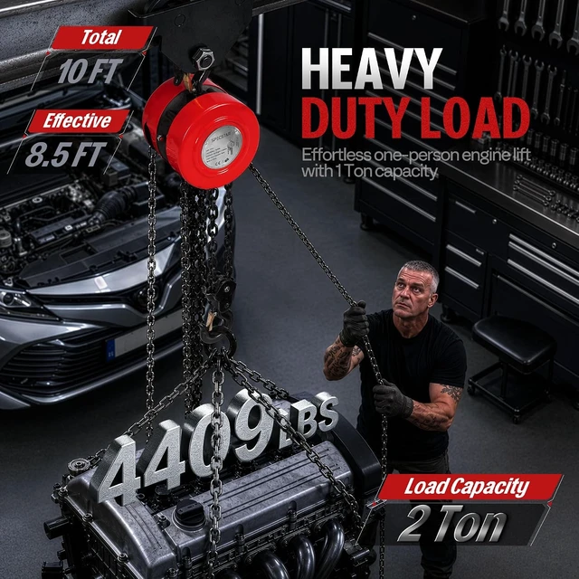 Alt view image 2 of 7 - Hand Chain Hoist 2 Ton 4400 Lbs Capacity 10 Feet with 2 Hooks