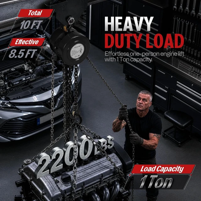 Alt view image 2 of 7 - Hand Chain Hoist 1 Ton 2200 Lbs Capacity 10 Feet with 2 Hooks