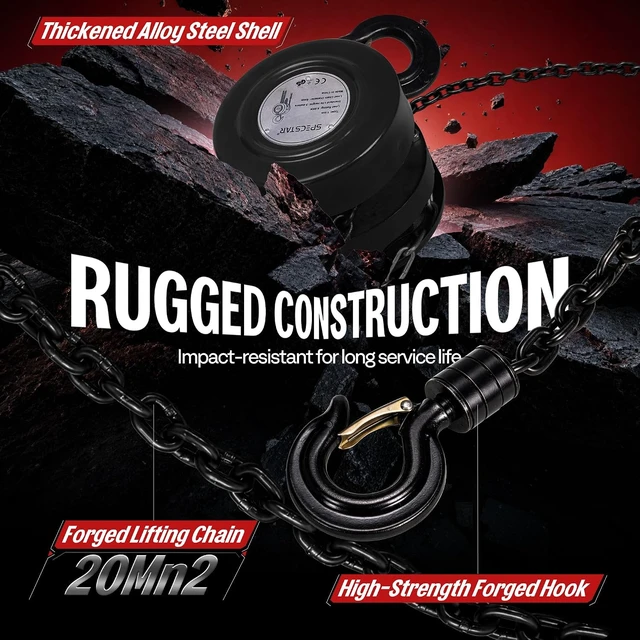 Alt view image 5 of 7 - Hand Chain Hoist 1 Ton 2200 Lbs Capacity 10 Feet with 2 Hooks