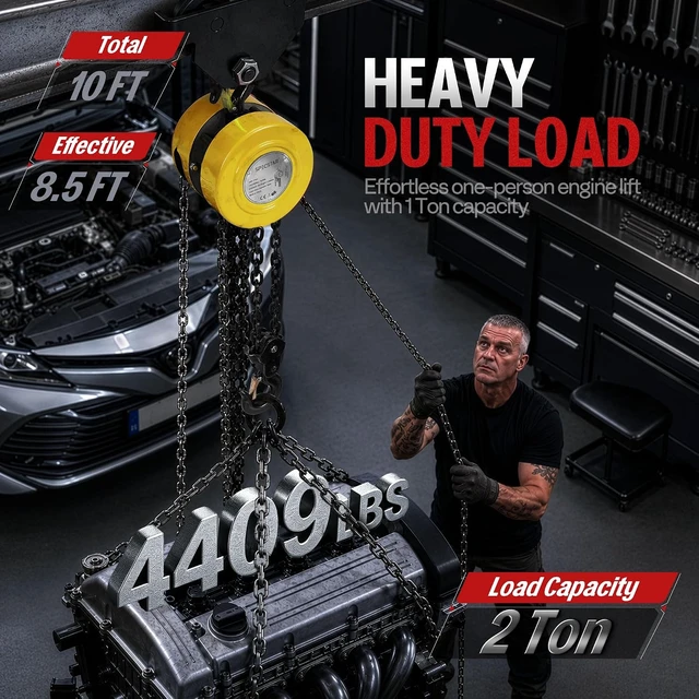 Alt view image 2 of 7 - Hand Chain Hoist 2 Ton 4400 Lbs Capacity 10 Feet with 2 Hooks