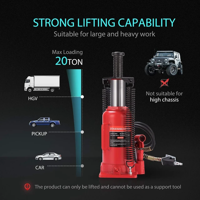 Alt view image 6 of 7 - 20 Ton Pneumatic Air Hydraulic Bottle Jack with Manual Hand Pump