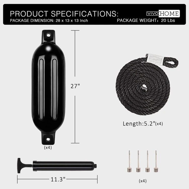 Alt view image 6 of 6 - Vinyl Ribbed Boat Fenders 4 Pack, Boat Bumpers with Ropes, Needles, and Pump to Inflate Fit for Yachts, Sailing Dinghies, Bass Boats, Black