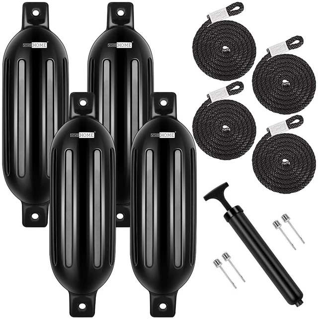 Main image of Vinyl Ribbed Boat Fenders 4 Pack, Boat Bumpers with Ropes, Needles, and Pump to Inflate Fit for Yachts, Sailing Dinghies, Bass Boats, Black