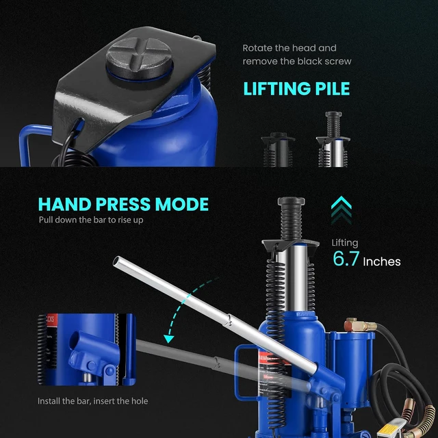 Alt view image 4 of 7 - 20 Ton Pneumatic Air Hydraulic Bottle Jack with Manual Hand Pump