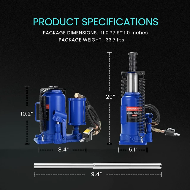 Alt view image 7 of 7 - 20 Ton Pneumatic Air Hydraulic Bottle Jack with Manual Hand Pump