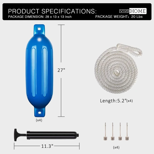 Alt view image 6 of 6 - Vinyl Ribbed Boat Fenders 4 Pack, Boat Bumpers with Ropes, Needles, and Pump to Inflate Fit for Yachts, Sailing Dinghies, Bass Boats, Black