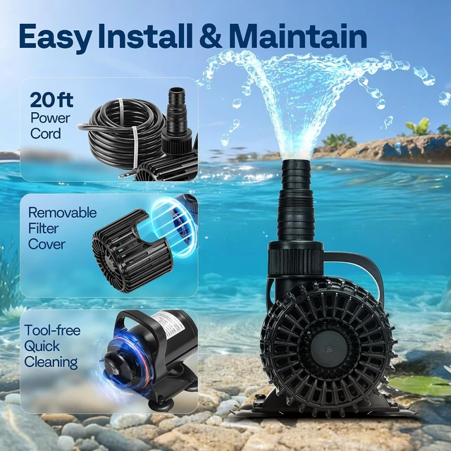 Alt view image 6 of 7 - 62W Pond Pump, 1100GPH Submersible Water Pump for Koi Pond
