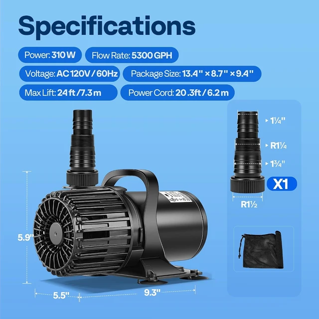 Alt view image 6 of 7 - 310W Pond Pump, 5300GPH Submersible Water Pump for Koi Pond