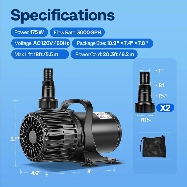 Alt view image 6 of 7 - 175W Pond Pump, 3000GPH Submersible Water Pump for Koi Pond