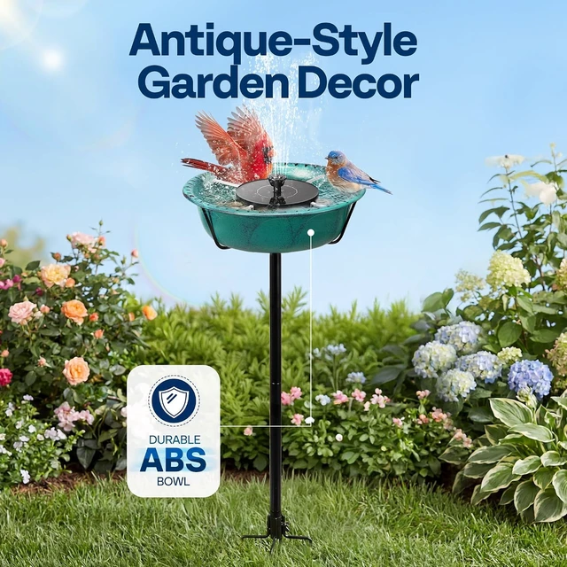 Alt view image 2 of 7 - Bird Bath with Solar Fountain and Metal Ground Stake, Green