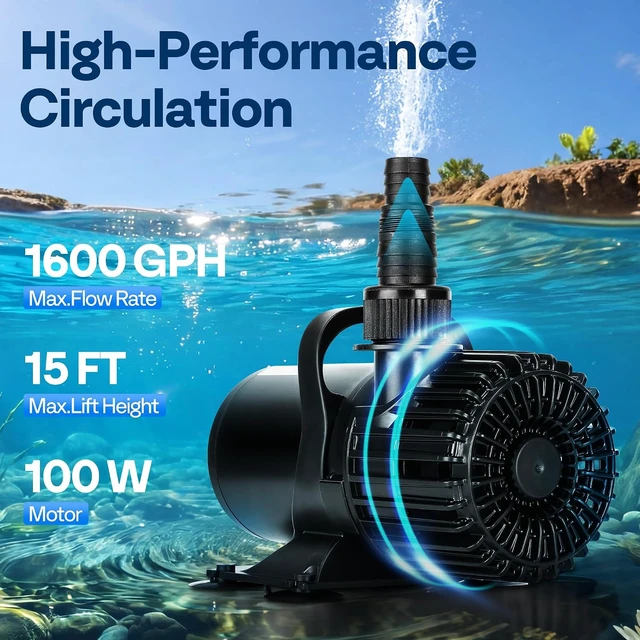 Alt view image 2 of 7 - 100W Pond Pump, 1600GPH Submersible Water Pump for Koi Pond