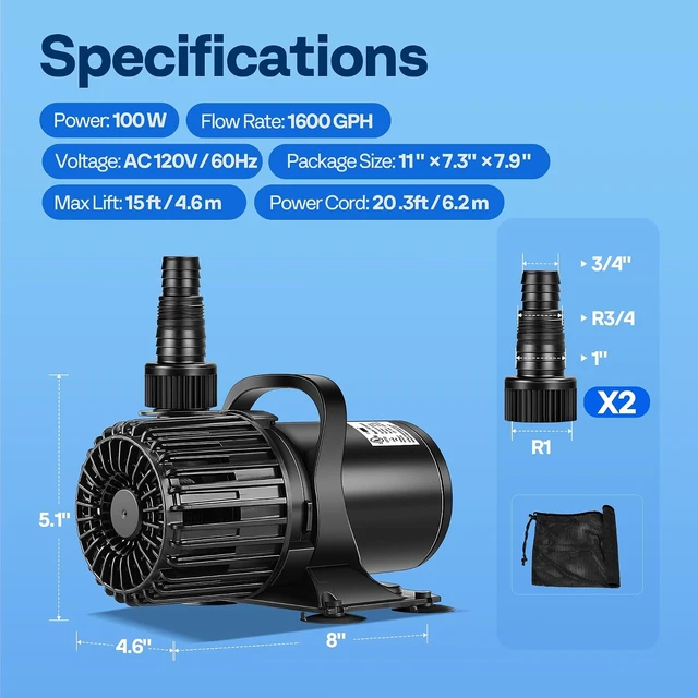 Alt view image 6 of 7 - 100W Pond Pump, 1600GPH Submersible Water Pump for Koi Pond