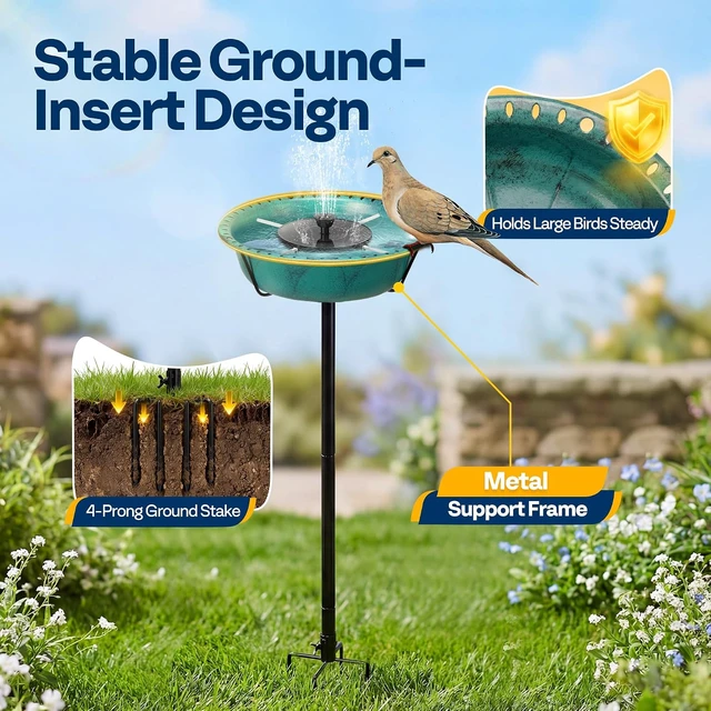 Alt view image 5 of 7 - Bird Bath with Solar Fountain and Metal Ground Stake, Green