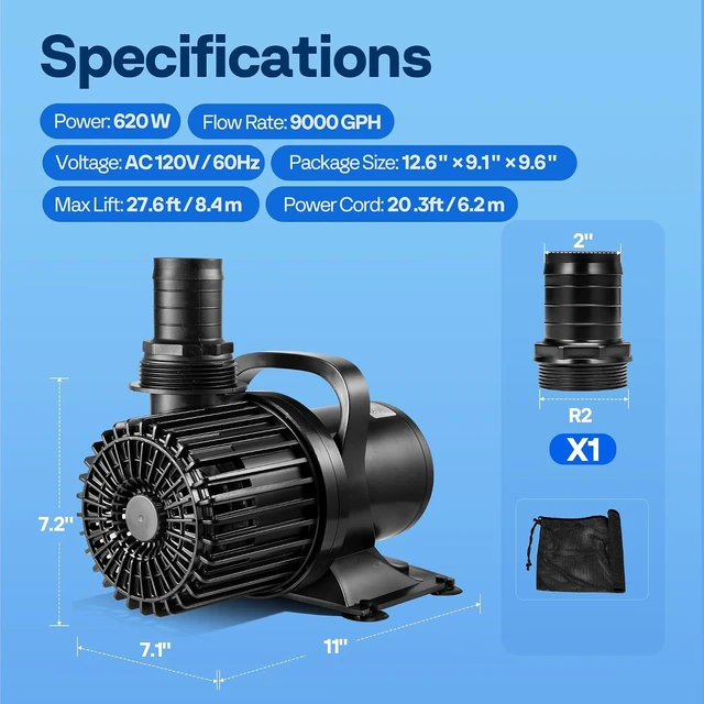 Alt view image 6 of 7 - 620W Pond Pump, 9000GPH Submersible Water Pump for Koi Pond