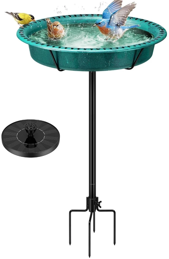 Main image of Oval Bird Bath with Solar Fountain and Metal Ground Stake, Green