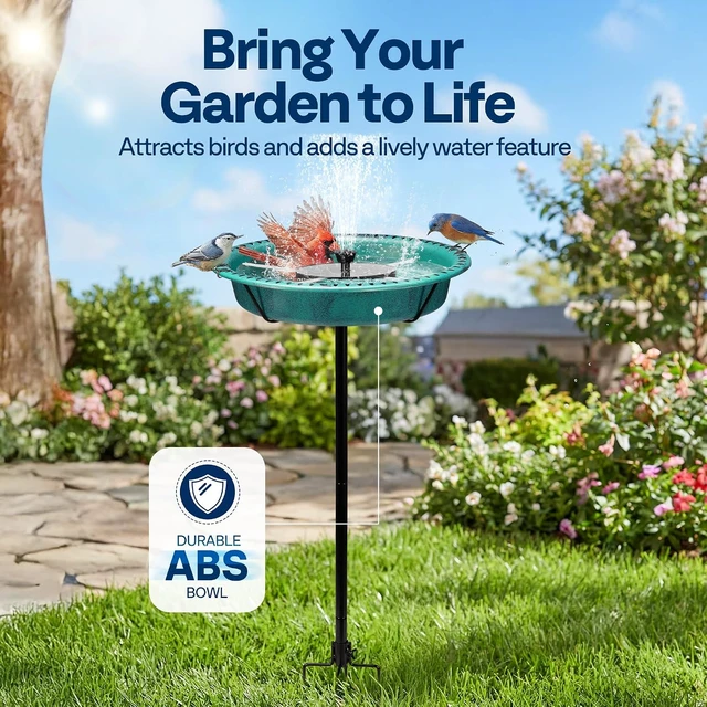 Alt view image 2 of 7 - Oval Bird Bath with Solar Fountain and Metal Ground Stake, Green