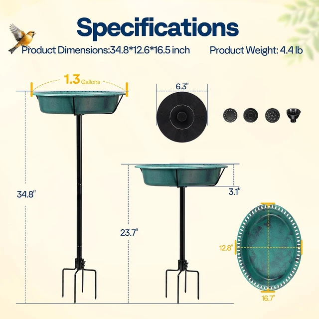 Alt view image 7 of 7 - Oval Bird Bath with Solar Fountain and Metal Ground Stake, Green
