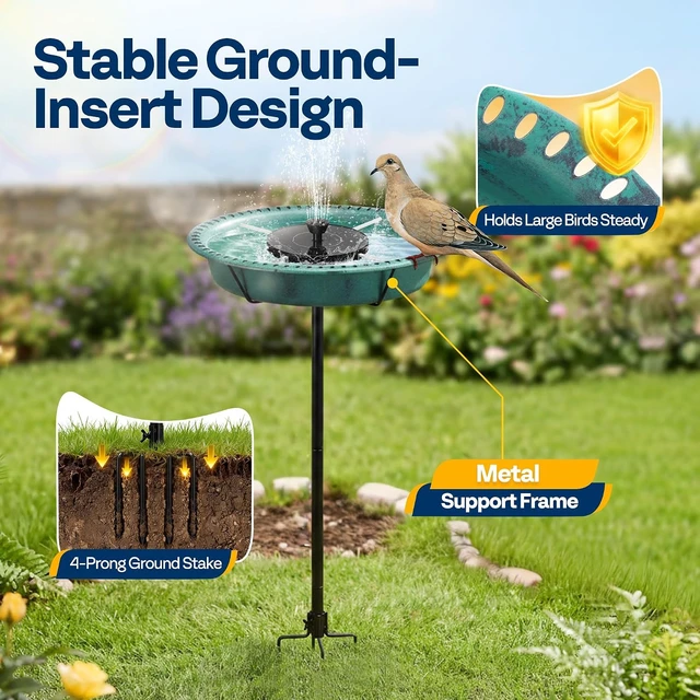 Alt view image 5 of 7 - Oval Bird Bath with Solar Fountain and Metal Ground Stake, Green