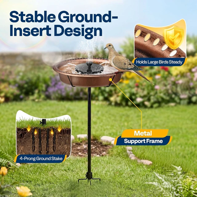 Alt view image 5 of 7 - Oval Bird Bath with Solar Fountain and Metal Ground Stake, Bronze