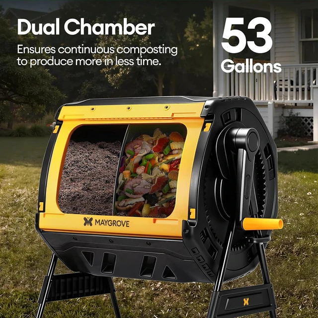 Alt view image 2 of 7 - Outdoor Compost Bin 53 Gallon, Dual Chamber Large Compost Tumbler for Garden Backyard, with 360° Rotating, Sliding Doors & Solid Steel Frame, Updated Instructions