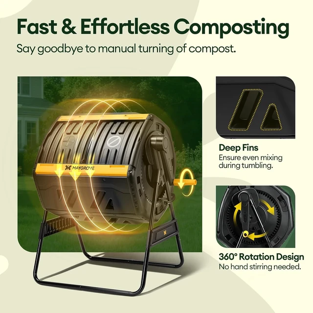 Alt view image 3 of 7 - Outdoor Compost Bin 53 Gallon, Dual Chamber Large Compost Tumbler for Garden Backyard, with 360° Rotating, Sliding Doors & Solid Steel Frame, Updated Instructions