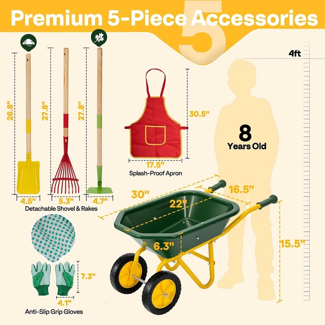 Alt view image 4 of 7 - 30 Inch Kids Wheelbarrow Set 6 PCS for Large Children Ages 3-8