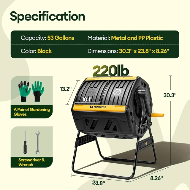 Alt view image 7 of 7 - Outdoor Compost Bin 53 Gallon, Dual Chamber Large Compost Tumbler for Garden Backyard, with 360° Rotating, Sliding Doors & Solid Steel Frame, Updated Instructions