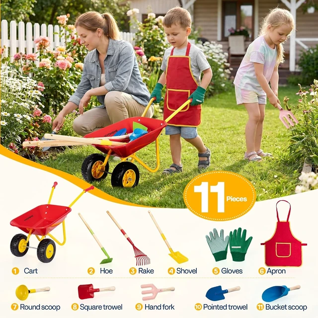 Alt view image 2 of 7 - 11PCS Kids Wheelbarrow Set Children Garden Cart Red