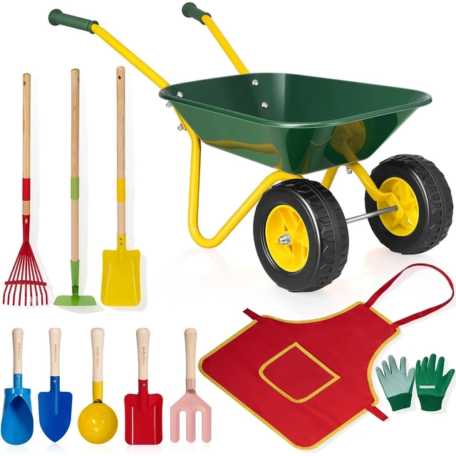 Main image of 11 PCS Kids Wheelbarrow Set Children Garden Cart - Green