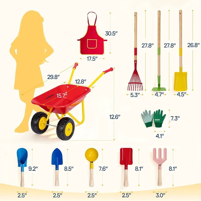 Alt view image 7 of 7 - 11PCS Kids Wheelbarrow Set Children Garden Cart Red