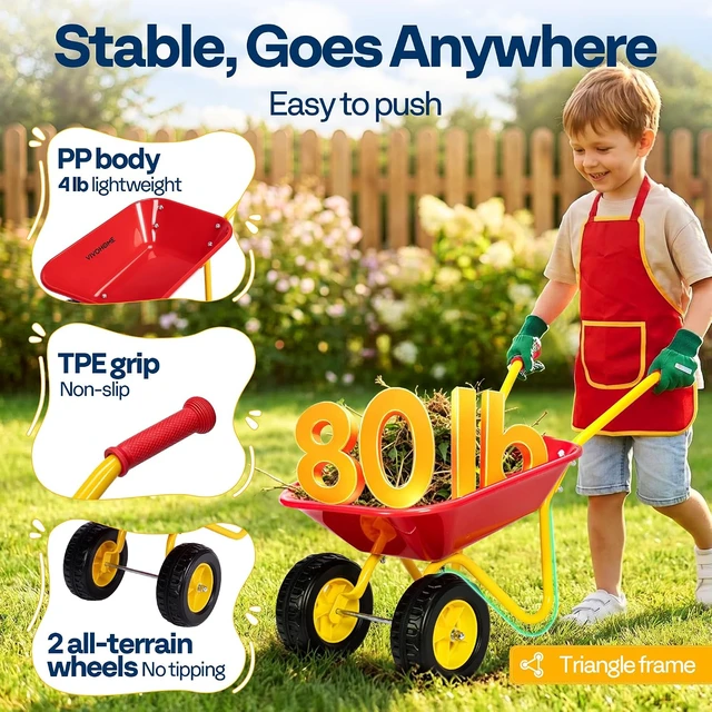 Alt view image 3 of 7 - 11PCS Kids Wheelbarrow Set Children Garden Cart Red