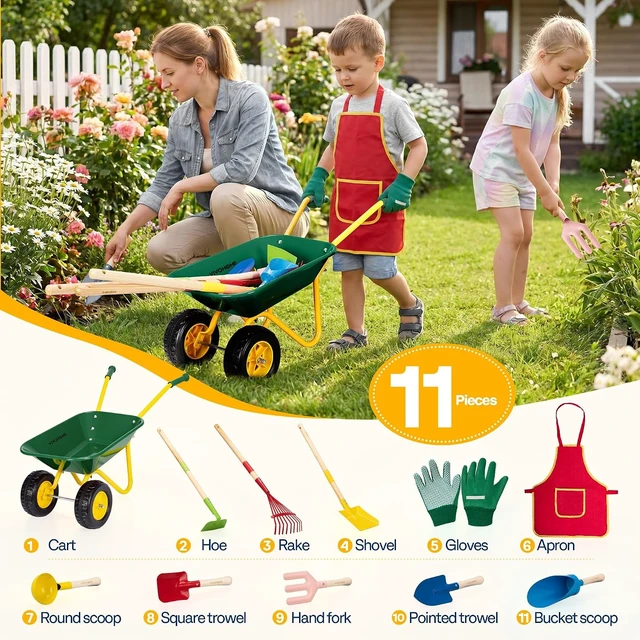 Alt view image 2 of 7 - 11 PCS Kids Wheelbarrow Set Children Garden Cart - Green