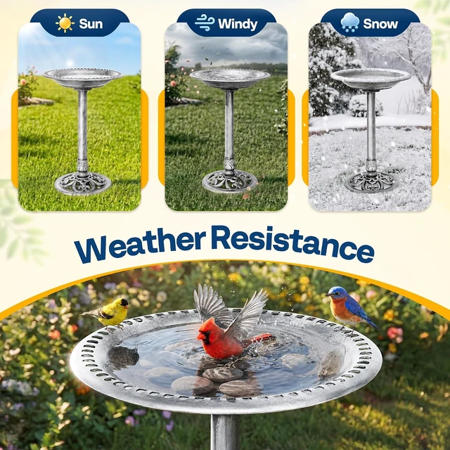 Alt view image 2 of 7 - Bird Bath for Outside, Polyresin Pedestal Birdbath, Silver