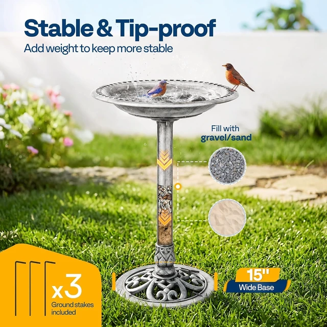 Alt view image 3 of 7 - Bird Bath for Outside, Polyresin Pedestal Birdbath, Silver