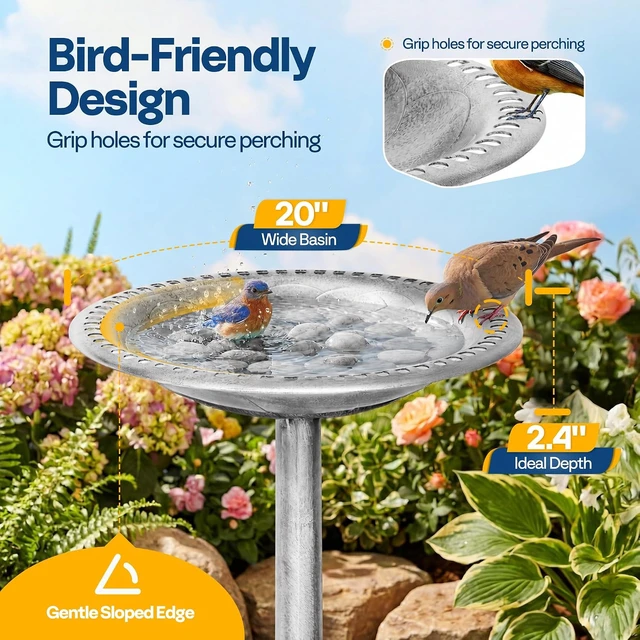 Alt view image 4 of 7 - Bird Bath for Outside, Polyresin Pedestal Birdbath, Silver