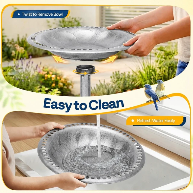 Alt view image 5 of 7 - Bird Bath for Outside, Polyresin Pedestal Birdbath, Silver
